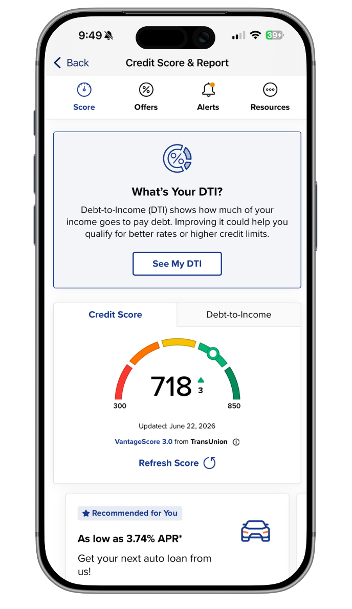 Credit Score and More shown inside Pioneer AFCU mobile banking app